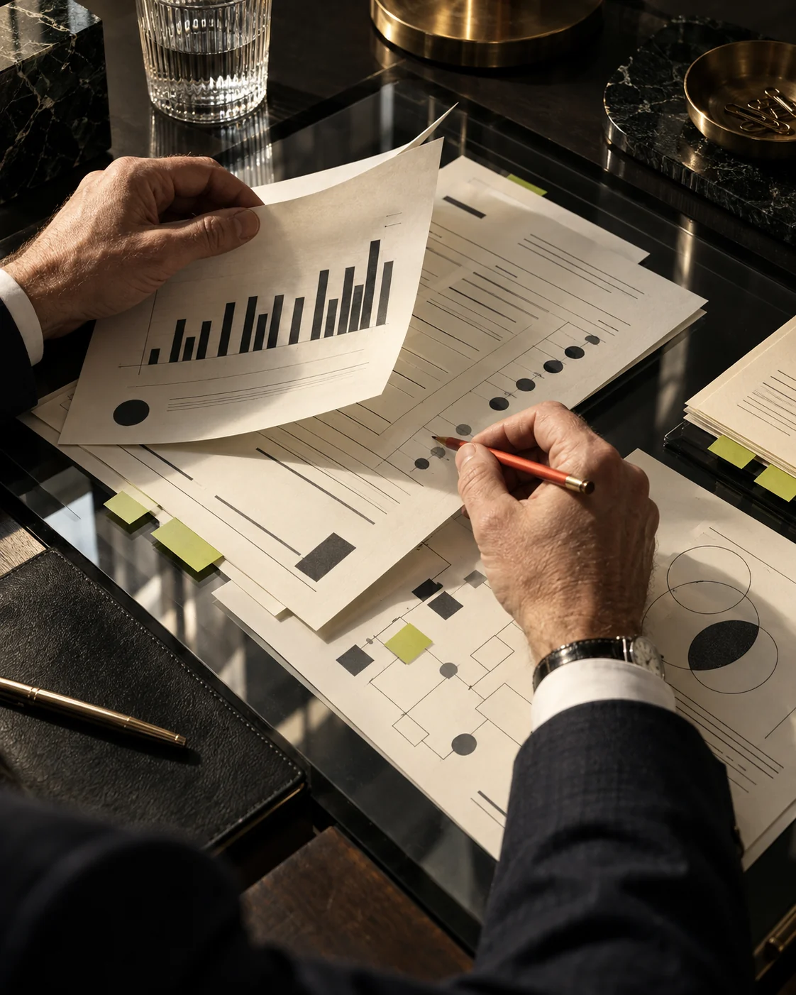 Illustrative analyst reviewing an evidence packet at a desk