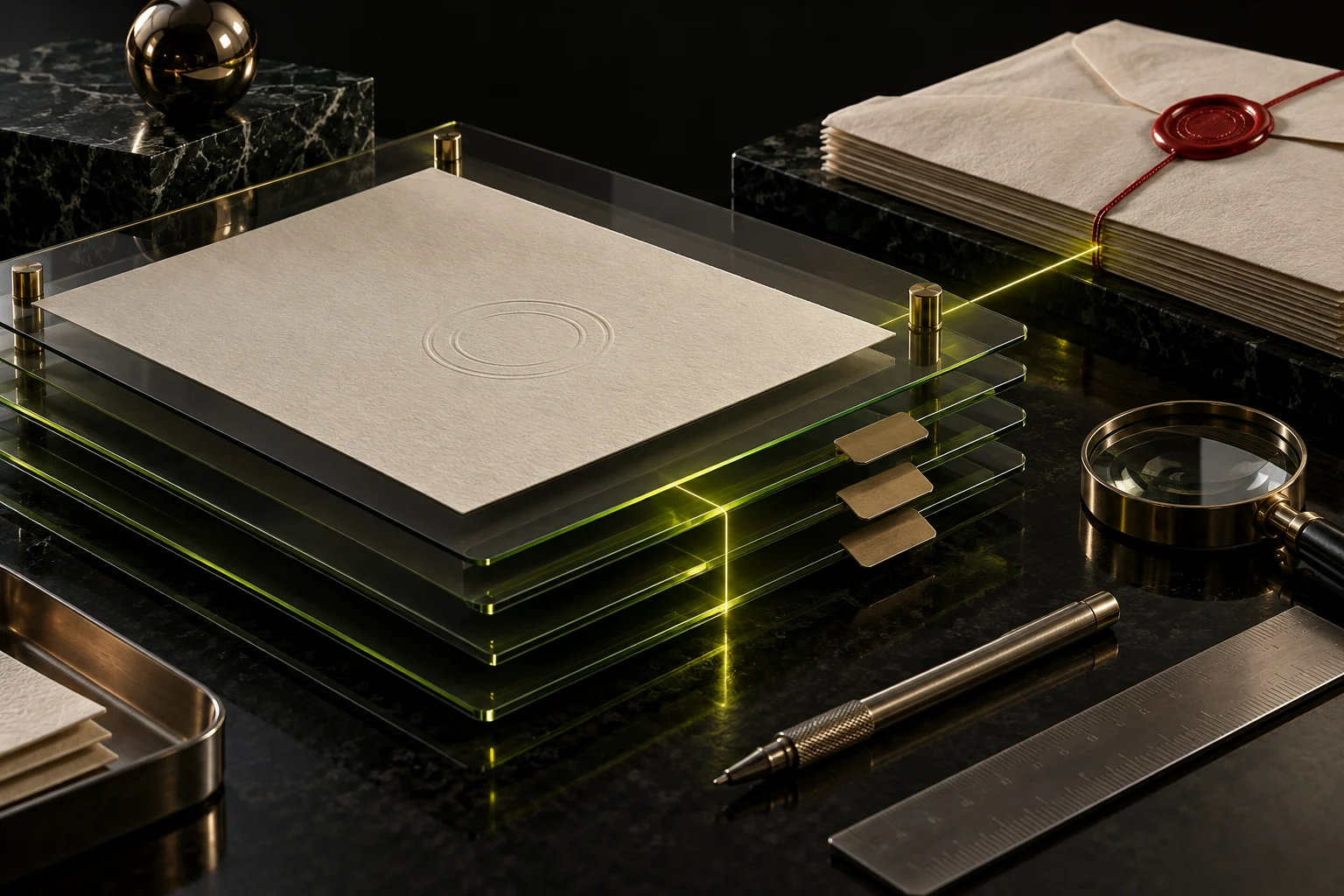 Illustrative layered documents representing connected evidence